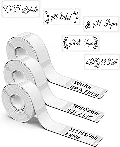 D30 Label Tape - D30 Label for D30 / D30S Mini Label Maker Tape - 14x30mm, D30 Label Maker Tape Compatible with Phomemo D30/ D30S /D35 / Q30 / Q30S Label Maker - 3 Rolls, 210 Labels/Roll