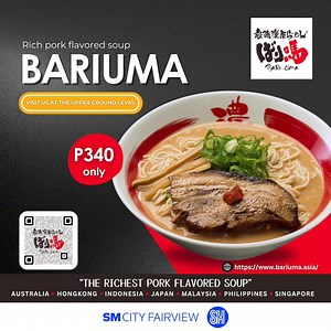 Discover the authentic flavors of Bariuma! Satisfy your taste buds with a bowl of perfection. Visit Bariuma now and taste the difference! 📍Located at the Upper Ground Level, Central Walk #bariumaramen #authenticramen #ramen #noodles #ramennoodles #ramenlover #yummy | SM City Fairview