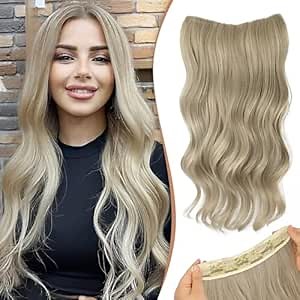 NANNAN Invisible Wire Hair Extensions - Transparent Wire Adjustable Size, 4 Secure Clips, Omber Dirty Blonde Long Wavy Synthetic Hairpiece for Women 22 Inch