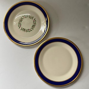 Vintage Set of 2 Lenox Holiday Plates Made in USA | Gold Trim, Cobalt Blue Rim, Holly Wreath, Elegant Christmas China - Etsy