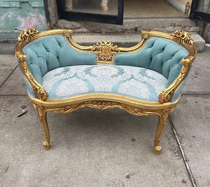 Louis XIV Settee: Gold Leaf Frame, Floral Light Blue Fabric - Etsy