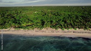 Drone aerial pan of tropical beach with ocean waves crashing on shoreline holiday destination travel tourism rainforest jungle coastline Caribbean Xpu Há Mexico