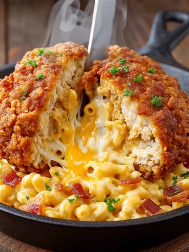 🍗 Cheese-Stuffed Fried Chicken Meteor A colossal breaded chicken sphere bursting with molten mac and cheese, crispy on the outside and gooey on the inside—an explosive comfort food showpiece. Yield: 4 servings | Temp: 350°F (175°C) | Time: ~45 min 4 Key Ingredients •⁠ ⁠2 large chicken breasts (pounded and shaped) •⁠ ⁠2 cups macaroni & cheese (prepared) •⁠ ⁠2 cups shredded cheddar cheese ................................. Full Recipe in First Cօʍʍеոτ 👇 | Easy Recipes
