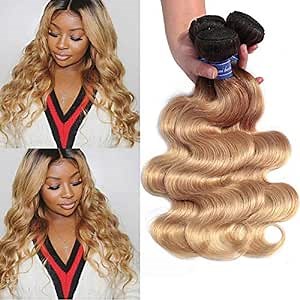 T1B/27 Ombre Brazilian Body Wave 3 Bundles Black To Honey Blonde Two Tone Color Human Hair Weave 100% Real Virgin Brazilian Hair (14 16 18 inch, T1B/27)