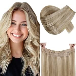 RUNATURE Wire Human Hair Extensions, Wire Hair Extensions Short, Real Human Hairpieces with Transparent Fish Line, 14 Inch 70g #16P22 Dark Ash Blonde Highlight Light Blonde