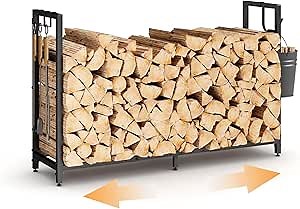 Firewood Rack Indoor with Log Carrier, 35~47inch Adjustable Firewood Rack Outdoor, Fire Wood Storage with Kindling Hooks, Heavy Duty Logs Holder for Fireplace Outdoor Indoor with Adjustable Pads