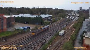 Way off it's usual stomping ground, Caledonian Sleeper#Class73 73970 heads back north behind GB Railfreight #Class66 66730 'Whitemoor' with @bessbbe at the controls... ℹ️ 0Z73 #Eastleigh Works to #Doncaster Roberts Road 🎦 #Basingstoke 📅 28/03/24 | Railcam
