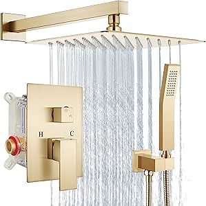 Aolemi Shower Faucet Set Rain Shower System with Handheld Spray Bathroom Shower Combo Rough-in Valve and Shower Trim Kit Included Brushed Gold 12 Inch Wall Mount Shower Head