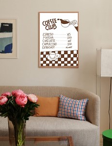 Kaffee Peeling Wandbild, Kaffeclub Abzeichen 97, Kaffeclub Menü Vintage, Kaffeebar Druck, Hand gezeichneter Kaffeklub, minimalistische Kaffeeecke - Etsy.de