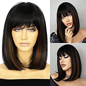 Bob Wig with Bangs, Brown Hlighlight Short Bob Wigs for Women, Silky Straight Bob Wigs Glueless Natural Looking Bang Wig Synthetic Cosplay Wig for Daily Party (14 inch)