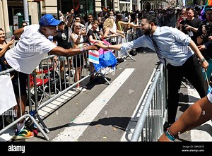 New York, United States. 29th June, 2025. Democratic candidate for New York City Mayor Zohran Mamdani, right stretches out his hand to greet a supporter on Fifth Avenue at the 2025 New York City Gay Pride Parade on Sunday, June 29, 2025 in New York City. Photo by Peter Foley/UPI Credit: UPI/Alamy Live News Stock Photo - Alamy