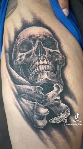Skull & Death Moth Thigh Tattoo | Dark Black & Grey Bones Design by Mi Vida Tattoos