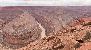 Overlooking Canyons And San Juan River At Goosenecks State Park During Daytime In Utah, United States. panoramic shot Stock Video