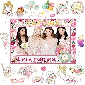 Floral Tea Time Party Supplies with 20 Pcs Lets Partea Photo Booth Frame and Photo Booth Props Partea Time Decorations Tea Party Theme Bridal Shower Birthday Party Supplies
