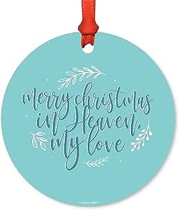 Andaz Press Memorial Round Metal Christmas Ornament, Merry Christmas in Heaven, My Love, 1-Pack, Includes Ribbon and Gift Bag, Husband Wife Fiance Loss Funeral Bereavement Memory Keepsake Gift