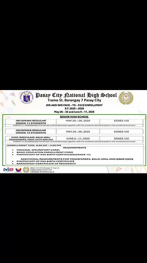 Senior High School Enrolment Schedule and Room Assignment #followers | PCNHS 305364