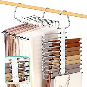 Upgrade 9 Layers Pants Hangers Space Saving for Closet 2 Pack Hanger Organizer for Jeans Non Slip (White)