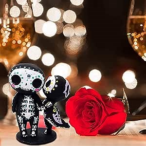 Sugar Skull Couple Statue, Resin Crafts Figurine Kit Decor Cute Skeleton Memorial Sculpture Halloween Home Collectible Gifts for Women Adorable Display Sugar Skull Statue Lover Figurine Holding Rose