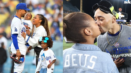 WATCH: Mookie Betts & wife Brianna joined by daughter Kynlee & son Kaj as family celebrates Dodgers taking 2-0 lead over Yankees in World Series