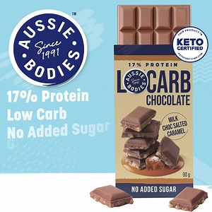 Satisfy your sweet cravings without the sugar high! Delicious creamy no added sugar milk chocolate with protein crisps and salted caramel pieces. It’s low in carbs, keto certified and with the benefit of protein so you can enjoy a sweet treat without derailing your health goals. Available at selected Woolworths, Coles and Chemist Warehouse stores. 😍 #aussiebodies #locarb #lowcarb #proteinsnacks #lowsugarsnacks #keto #ketolife #newproduct #healthysnacks #chocolatelovers | Aussie Bodies