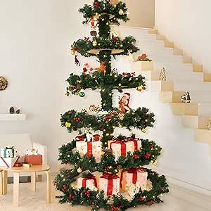 Christmas Tree,DIY Christmas Tiered Display Tree, Showcase Your Gifts or Christmas Villages,Christmas Tree with Artificial Christmas Decorative Flowers