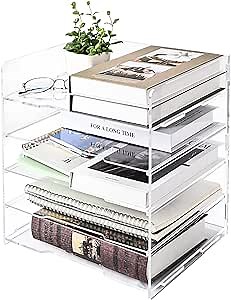 Paper Organizer Storage for Desk, Acrylic Clear File Document Letter Sorter Organizer Shelf, Office Desk Organizer and Accessories Supply, Desktop Paper Folder Tray Holder for Work Space