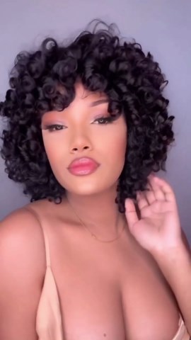 Human Hair Wigs Short Curly Bob Wig for Black Women None Lace Big Curly Wig with Bangs Pixie Cut African American Wigs Natural Black Color