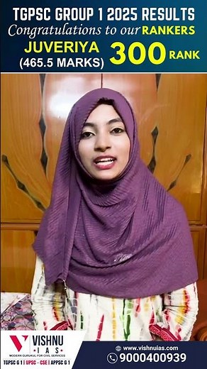 TGPSC Group 1 2025 Results Congratulations to our ranker Juveriya, 300 Rank | Vishnu IAS Academy