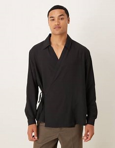 ASOS DESIGN relaxed satin wrap around shirt in black | ASOS