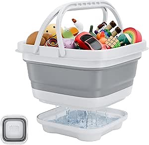 Bath Toy Storage Organizer - Foldable Bath Toy Holder for Bathtub, Bathtub Toy Storage with Removable Drying Base, Bathroom Toy Storage with 2 Hooks
