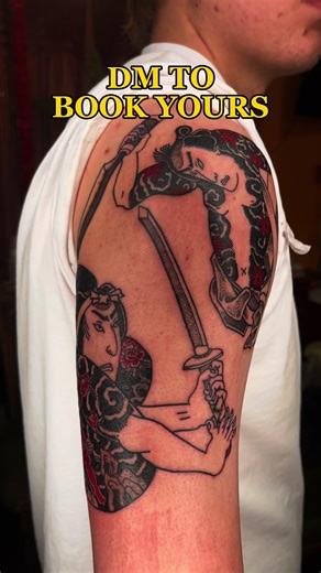 This is the start of a patchwork sleeve for my client, leaving enough room to hopefully add some funky gap fillers as they requested 😎 Both designs are based on a Yakusha-e print (prints that were often made of actors) by Toyohara Kunichika. #nottinghamtattoo #japanesetraditional #traditionaljapanesetattoo #flashsheet #coilmachinetattoo