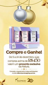 No Natal do Millennium, você tem muito mais carinho e cuidado! 殺 Queremos mimar você neste fim de ano e, por isso, nas compras acima de R$450, vamos te dar um presente exclusivo da Natura.  É só apresentar as notas fiscais das compras e garantir o seu! No nosso site, você encontra o regulamento e todas as lojas participantes da ação. Viva um Natal cheio de bem-estar e alegria! ✨ | Millennium Shopping | Facebook