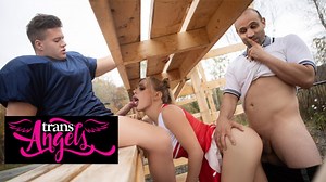 TRANS ANGELS - Sexy Cheerleader Angellica Good Gets Double-Dicked Down By Clark And Rick In Public