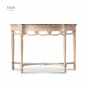 [Hot Item] Hallway Vintage Antique Luxury Hotel Wood Curved Half Moon Marble Console Table with Storage
