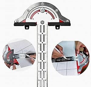 Protractor Angle Finder, Woodworkers Edge Ruler, T Square, T Ruler, Straight Edge inch Ruler,Multi-Function Angle Measure Tool Woodworking Metal Ruler Kit with Wall Hanging Storage Rack(18in)