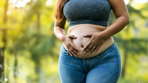 Overweight fat woman holding tummy with obesity, Go on unhealthy diet Stock Video