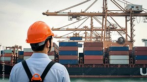 Asian Male Port Logistics Manager Overseeing Container Ship Loading Operations