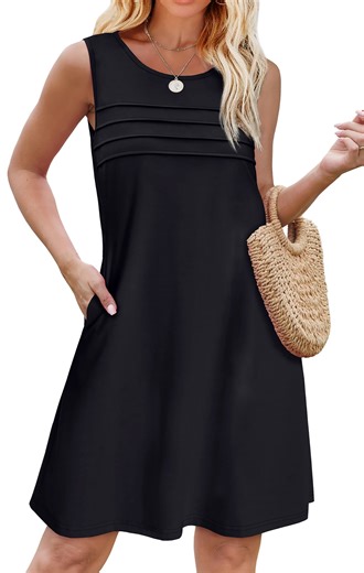 Fantaslook Pleated Tank Dresses for Women Fashion Summer Sleeveless Sundress Casual Beach Dress with Pockets