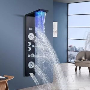 [Hot Item] Shower Panel Mixer Bathroom Wall Mounted Stainless Steel Waterfall Black Shower Column Set Tower Massage Jets LED Shower Panels