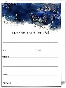 Paper Clever Party Blue Watercolor Invitations with Envelopes - 25 Pack - 5x7 Blank Gold Floral Cards for Bridal Showers, Graduations, Engagements & Wedding Invites Handwrite Personalized Details