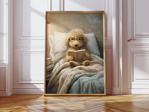 Toy Poodle Reading Book With Glasses in Cozy Bed Print, Whimsical Illustration Animal Art - Etsy Australia