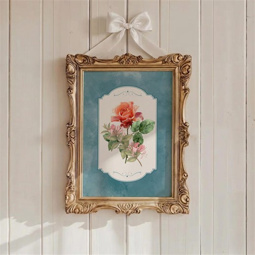June Birth Flower Wall Art | Rose & Honeysuckle Printable | Love Passion Floral Art | Blue Background | Digital Download - Etsy