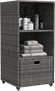 kinbor Outdoor Pool Towel Storage Cabinet - PE Rattan Outdoor Storage Cabinet with Shelves & Drawer, Patio Wicker Towel Rack Organizer with Wheels for Indoor Outdoor Spa, Hot Tub Accessory Storage
