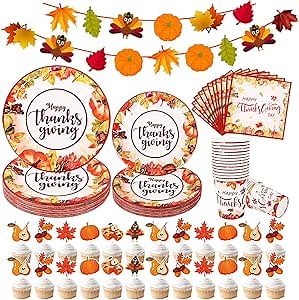 Ssailue Decor Fall Thanksgiving Plates and Napkins - Disposable Dinnerware Watercolor Plates - Happy Thanksgiving Pumpkin Fall Leaves Harvest Holiday Decoration