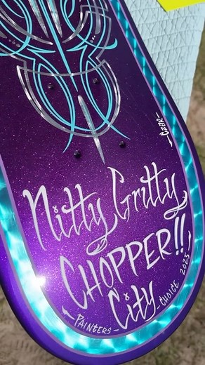 Up here @nittygrittychoppercity pinstriping by the drag strip. Come get some, and checkout the trophies by @destroyer_garage for the show. I will also personally be giving out a “painters choice” award. Awards at 3:45pm 🤟🏼 #nittygrittychoppercity #custompaint #choppershow #salmonlakepark #pinstriping #destroyergarage #masterminddesigns | Czar Zamora