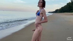 PUBLIC NUDE - Sexy transgirl exhibitionist with big cock on the beach