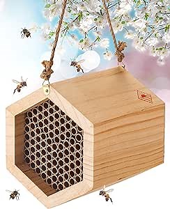 Mason Bee House Bee Hive for Pollinating Bees Outdoors - Wooden Bee House with 108 Cardboard Nesting Tubes Beehive Starter kit for Outdoors Gifts for Gardeners