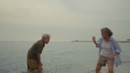 Romantic senior couple hugging by the beach, enjoying a peaceful...