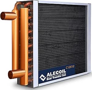 Zestarum 12x12 Water to Air Heat Exchanger with 1“ Copper Ports Hot Water Coil for Forced Air Heating, Outdoor Wood Furnaces, Residential Heating and Cooling, Alecoil Heat Exchanger