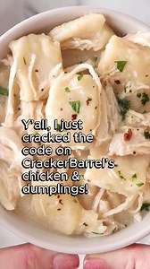 Skip the waitlist and the restaurant bill — this Cracker Barrel Chicken and Dumplings tastes just like the real thing! 🤩 Creamy broth, tender chicken, and homemade dumplings that melt in your mouth. The best comfort food copycat recipe without the price tag and the waitlist at your local Cracker Barrel. Ingredients: 1 lb Boneless Skinless Chicken Breasts 2 cups All Purpose Flour ½ tsp Baking Powder 2 Tbsp Butter, sliced 1 tsp Salt 1 cup Whole Milk 6 cups Chicken Broth 2 cups Water 💬 Comment “R